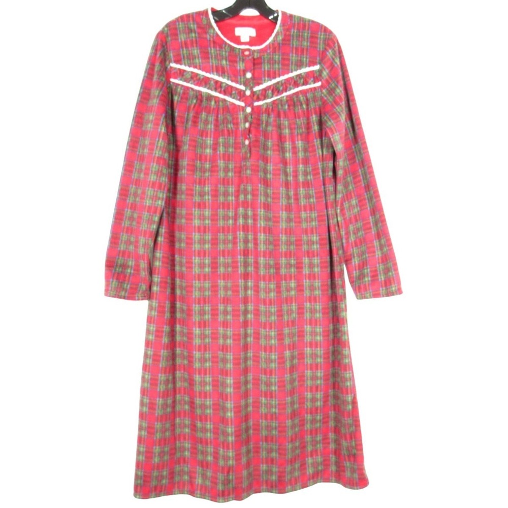 CELESTIAL DREAMS Red Plaid SOFT VELOUR Lace Trim BUTTON Lounge NIGHTGOWN Sz L